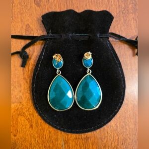 Faceted Gold & Blue Green Teal 1.5" Dangly Teardrop Earrings